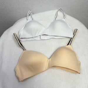 Calvin Klein 2 Pack Bras 34A White Beige Logo Band Everyday Comfort